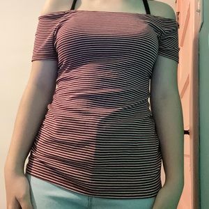 Red and white stripped off the shoulder top